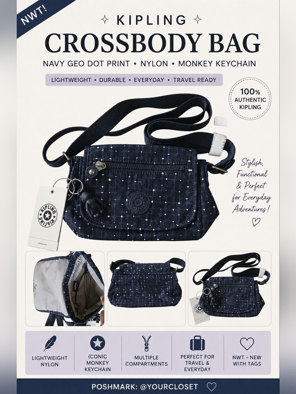 Kipling Crossbody Bag Navy Polka Dot Print NWT Monkey Charm